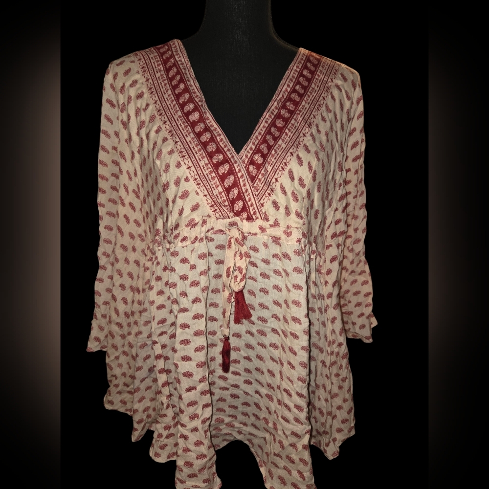 Angie Bohemian Red and Cream Poncho Style Top